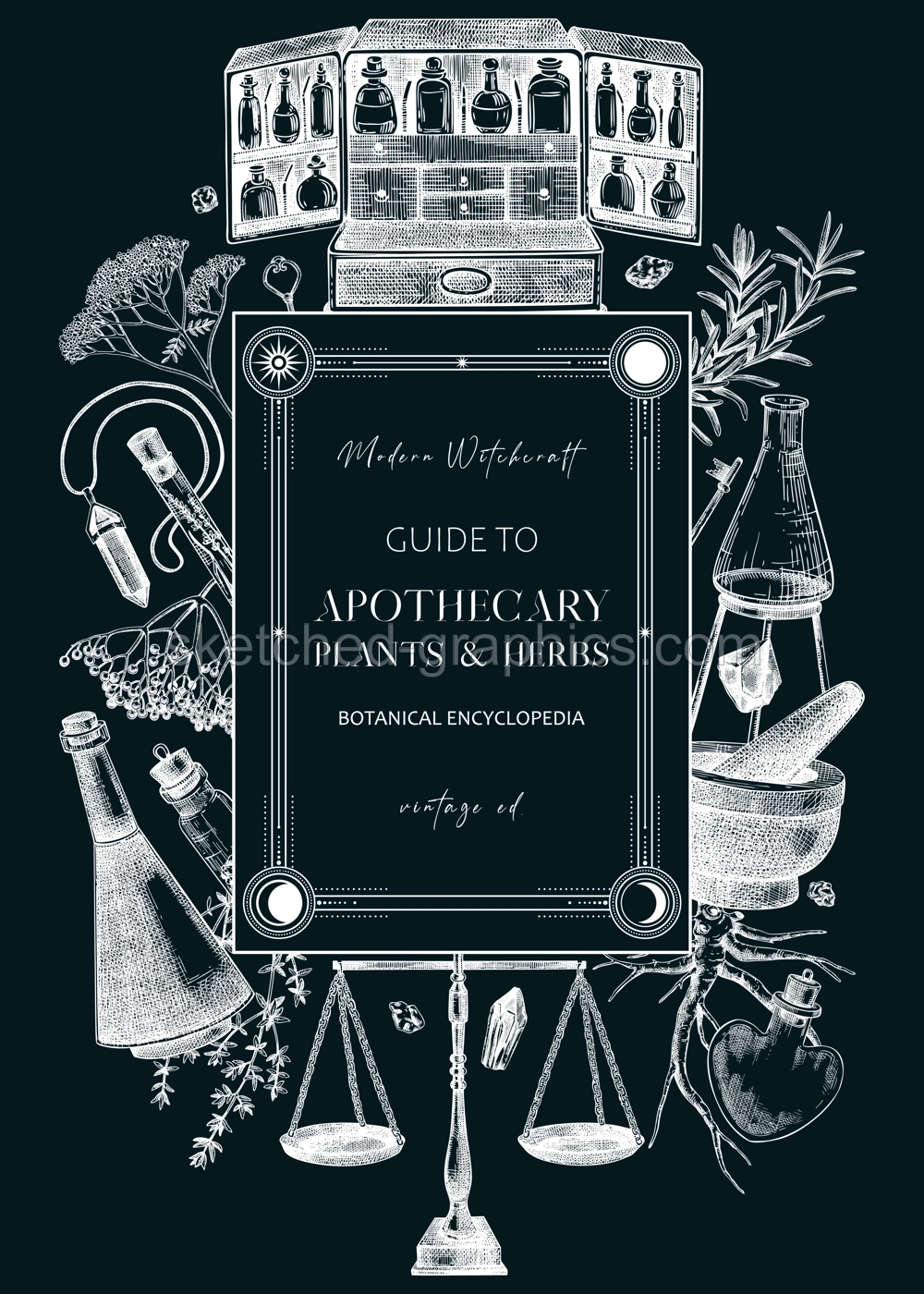 Antique apothecary frame on chalkboard. Hand-drawn vector illustrations. Alchemy glassware, medicinal herbs sketches. Witchraft banner, card, invitation, flyer design. NOT AI generated Illustration